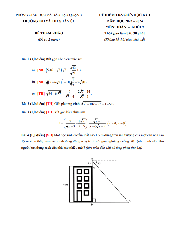 Đề tham khảo giữa học kì 1 (HK1) lớp 9 môn Toán năm 2023 2024 trường TiH THCS Tây Úc TP HCM