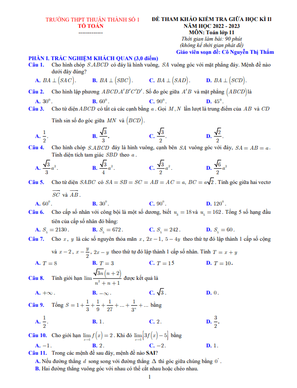 Đề tham khảo giữa học kì 2 (HK2) lớp 11 môn Toán năm 2022 2023 THPT Thuận Thành 1 Bắc Ninh