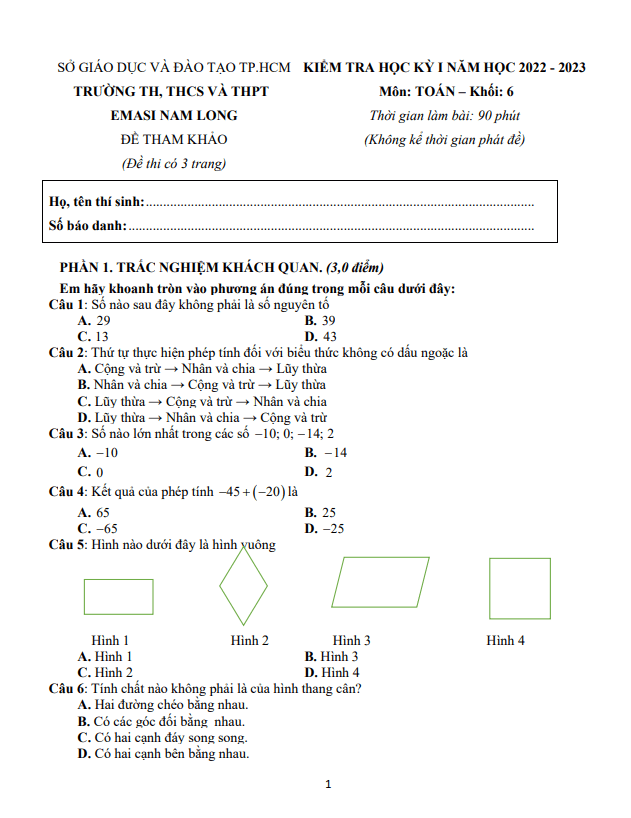Đề tham khảo học kì 1 (HK1) lớp 6 môn Toán năm 2022 2023 trường EMASI Nam Long TP HCM
