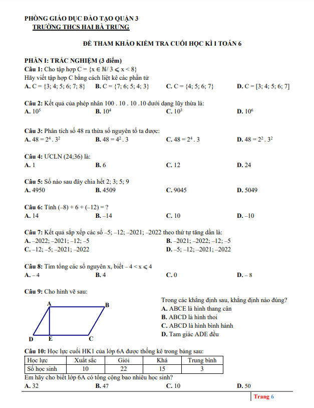 Đề tham khảo học kì 1 (HK1) lớp 6 môn Toán năm 2022 2023 trường THCS Hai Bà Trưng TP HCM