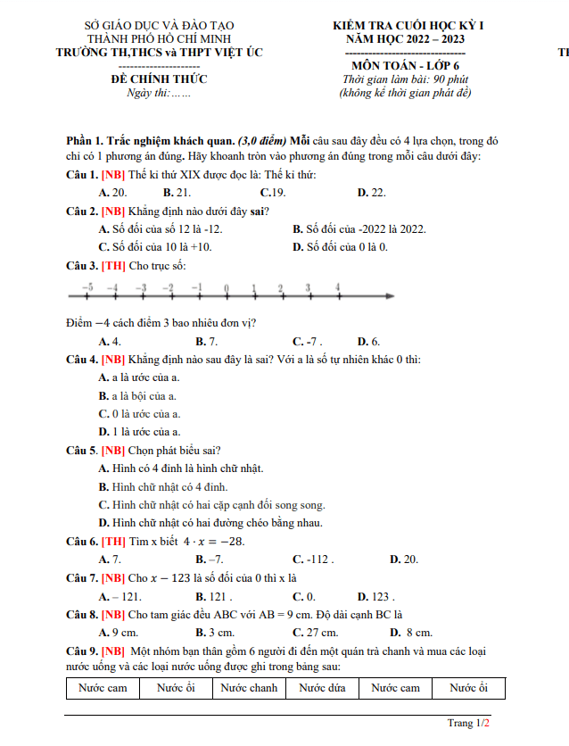 Đề tham khảo học kì 1 (HK1) lớp 6 môn Toán năm 2022 2023 trường Việt Úc TP HCM