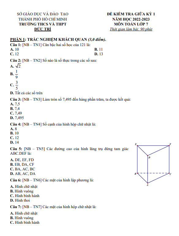 Đề tham khảo học kì 1 (HK1) lớp 7 môn Toán năm 2022 2023 trường Đức Trí TP HCM