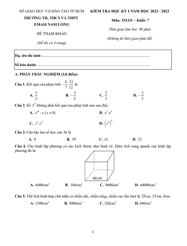 Đề tham khảo học kì 1 (HK1) lớp 7 môn Toán năm 2022 2023 trường EMASI Nam Long TP HCM