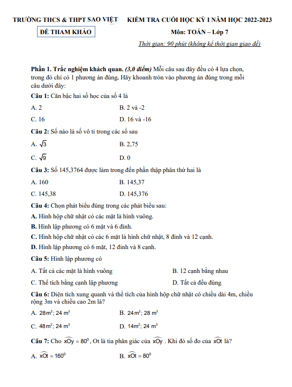 Đề tham khảo học kì 1 (HK1) lớp 7 môn Toán năm 2022 2023 trường Sao Việt TP HCM