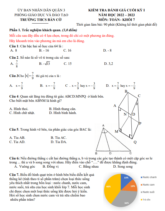 Đề tham khảo học kì 1 (HK1) lớp 7 môn Toán năm 2022 2023 trường THCS Bàn Cờ TP HCM