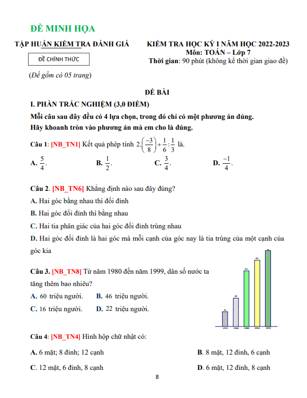 Đề tham khảo học kì 1 (HK1) lớp 7 môn Toán năm 2022 2023 trường THCS Colette TP HCM