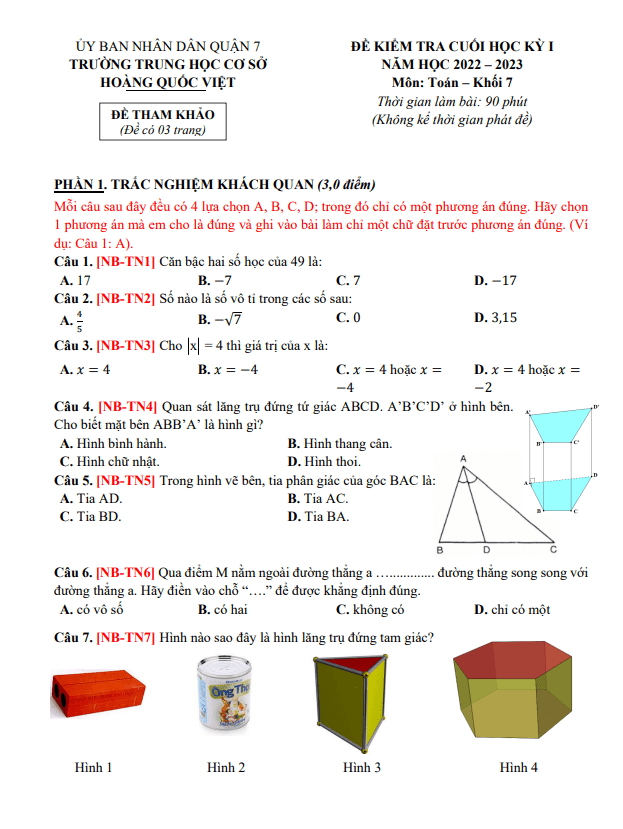 Đề tham khảo học kì 1 (HK1) lớp 7 môn Toán năm 2022 2023 trường THCS Hoàng Quốc Việt TP HCM