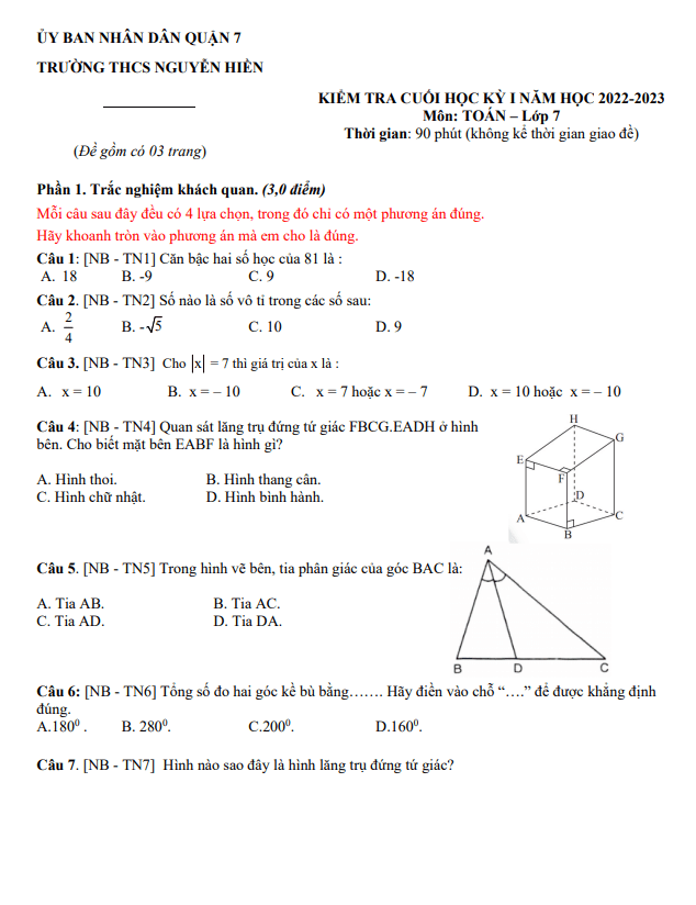 Đề tham khảo học kì 1 (HK1) lớp 7 môn Toán năm 2022 2023 trường THCS Nguyễn Hiền TP HCM