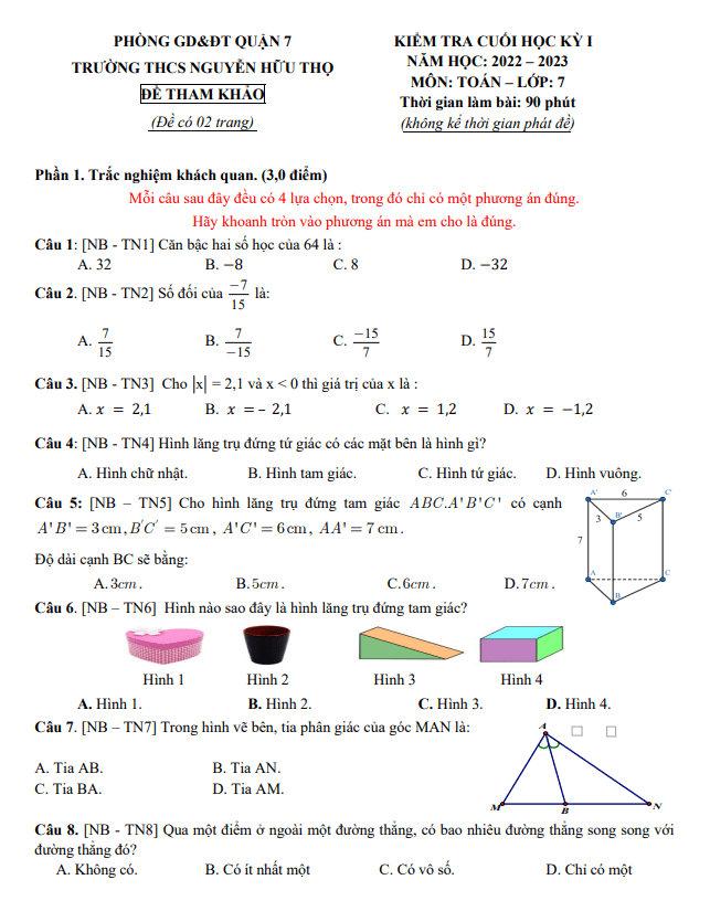 Đề tham khảo học kì 1 (HK1) lớp 7 môn Toán năm 2022 2023 trường THCS Nguyễn Hữu Thọ TP HCM