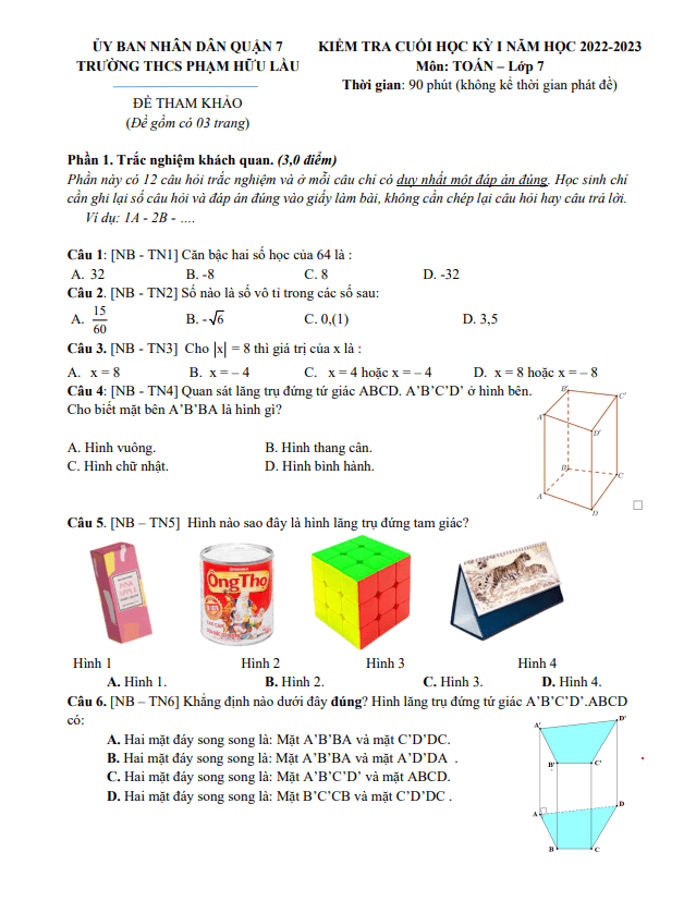 Đề tham khảo học kì 1 (HK1) lớp 7 môn Toán năm 2022 2023 trường THCS Phạm Hữu Lầu TP HCM