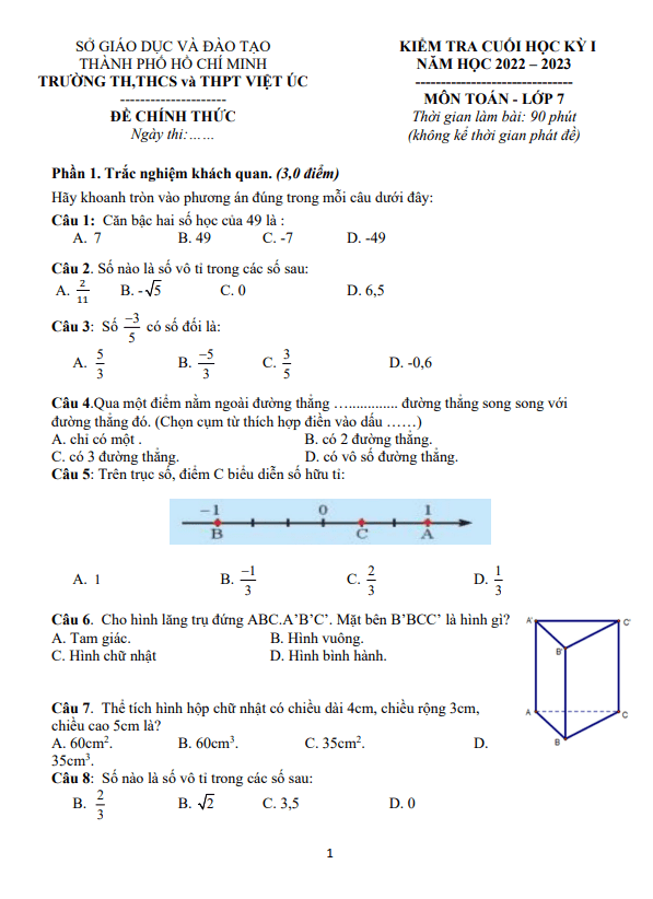 Đề tham khảo học kì 1 (HK1) lớp 7 môn Toán năm 2022 2023 trường Việt Úc TP HCM