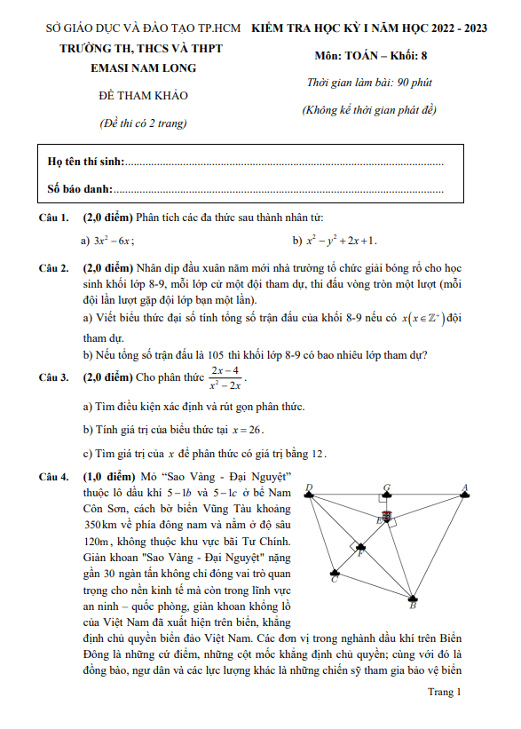 Đề tham khảo học kì 1 (HK1) lớp 8 môn Toán năm 2022 2023 trường EMASI Nam Long TP HCM