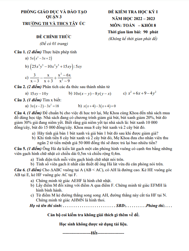 Đề tham khảo học kì 1 (HK1) lớp 8 môn Toán năm 2022 2023 trường TH THCS Tây Úc TP HCM