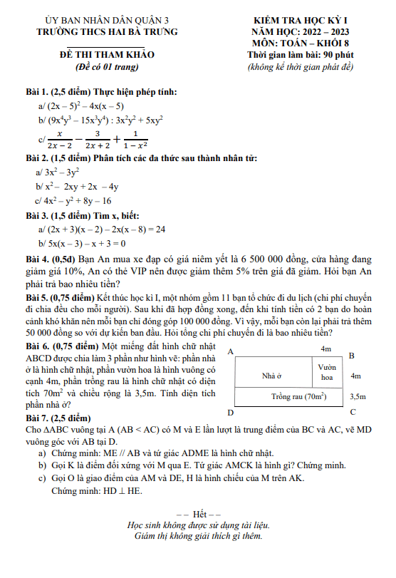 Đề tham khảo học kì 1 (HK1) lớp 8 môn Toán năm 2022 2023 trường THCS Hai Bà Trưng TP HCM