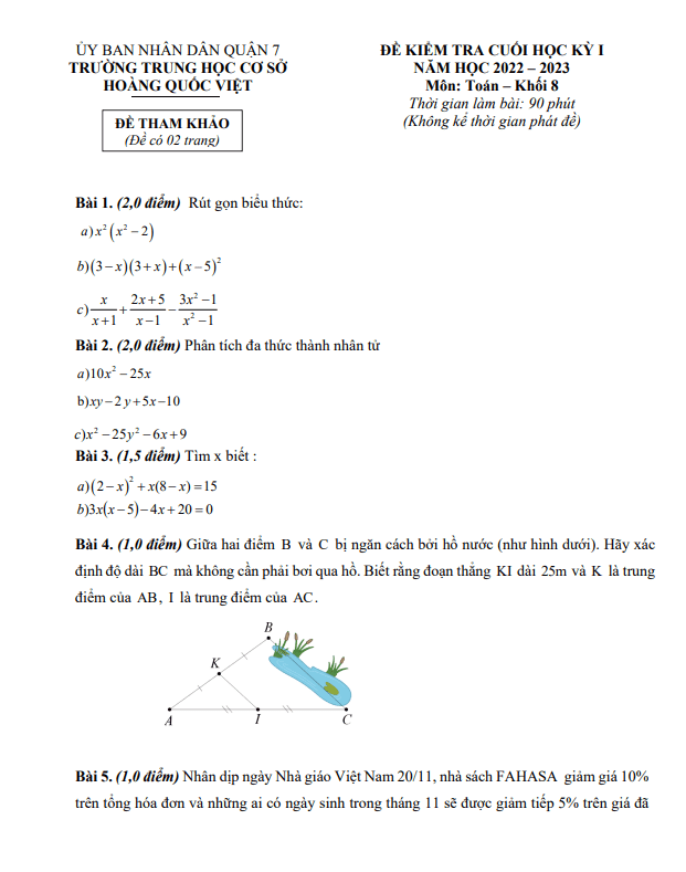 Đề tham khảo học kì 1 (HK1) lớp 8 môn Toán năm 2022 2023 trường THCS Hoàng Quốc Việt TP HCM
