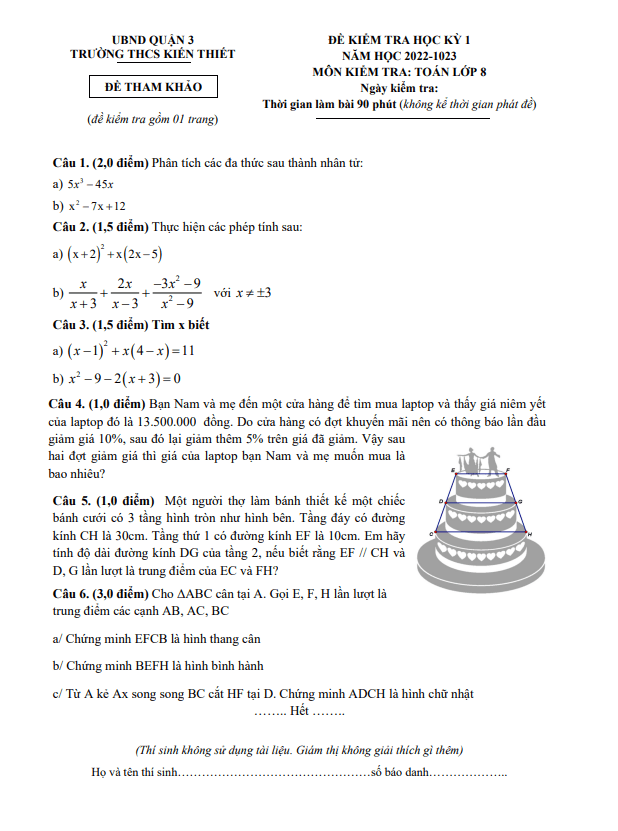 Đề tham khảo học kì 1 (HK1) lớp 8 môn Toán năm 2022 2023 trường THCS Kiến Thiết TP HCM