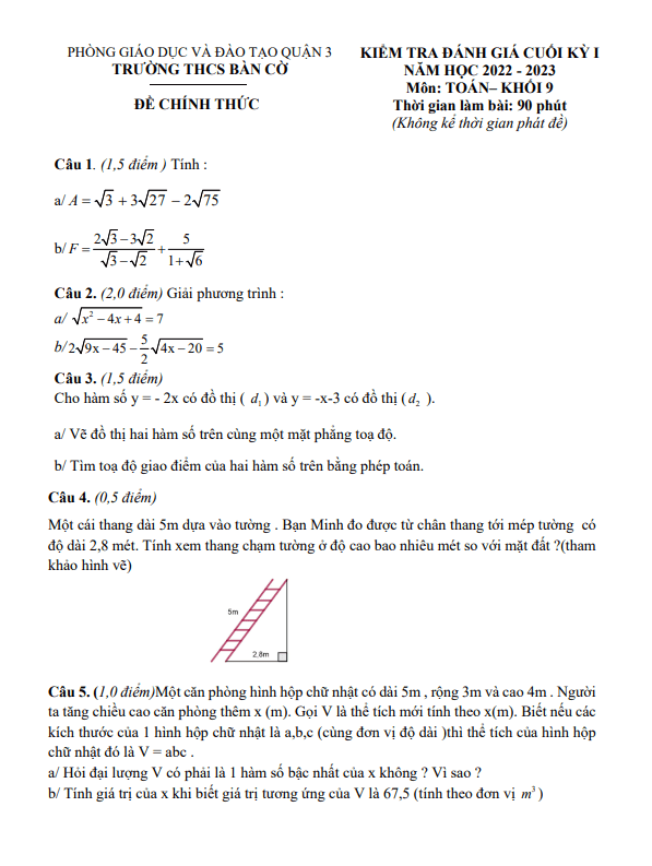 Đề tham khảo học kì 1 (HK1) lớp 9 môn Toán năm 2022 2023 trường THCS Bàn Cờ TP HCM