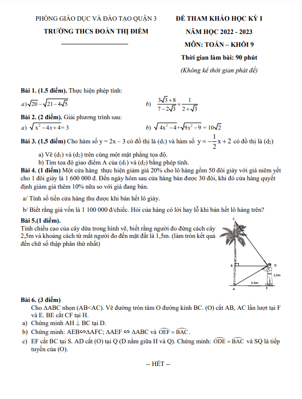 Đề tham khảo học kì 1 (HK1) lớp 9 môn Toán năm 2022 2023 trường THCS Đoàn Thị Điểm TP HCM