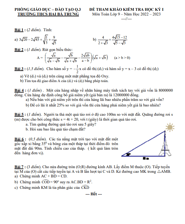 Đề tham khảo học kì 1 (HK1) lớp 9 môn Toán năm 2022 2023 trường THCS Hai Bà Trưng TP HCM