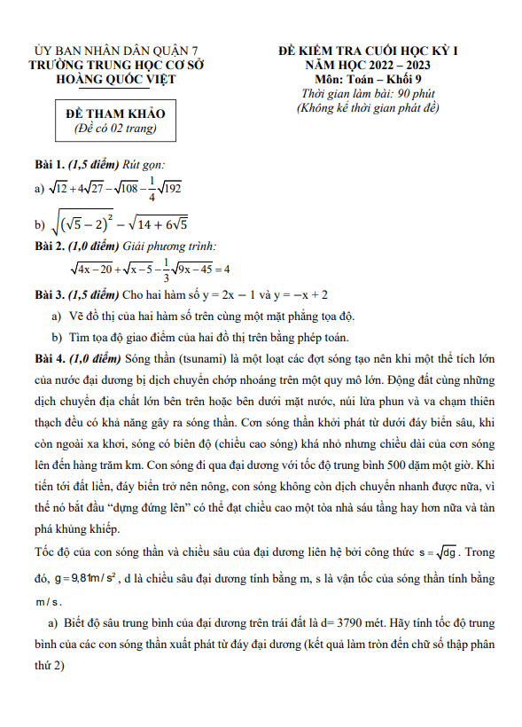 Đề tham khảo học kì 1 (HK1) lớp 9 môn Toán năm 2022 2023 trường THCS Hoàng Quốc Việt TP HCM