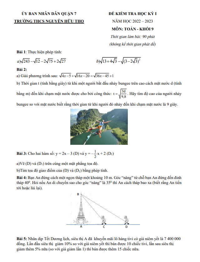 Đề tham khảo học kì 1 (HK1) lớp 9 môn Toán năm 2022 2023 trường THCS Nguyễn Hữu Thọ TP HCM