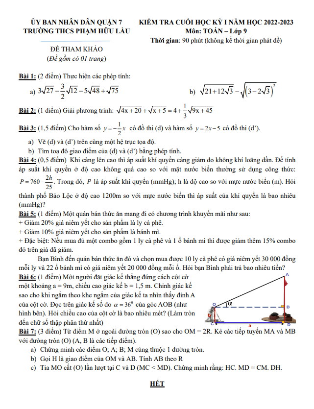 Đề tham khảo học kì 1 (HK1) lớp 9 môn Toán năm 2022 2023 trường THCS Phạm Hữu Lầu TP HCM