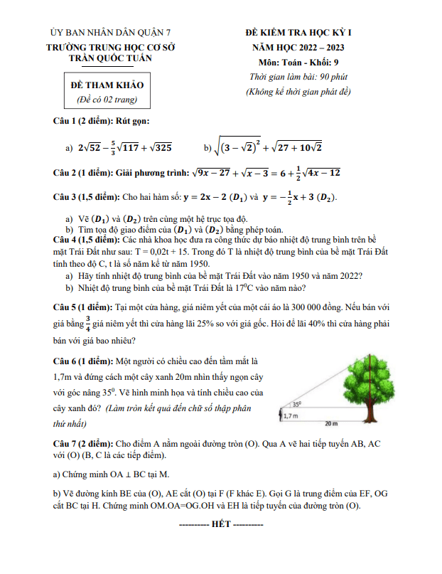 Đề tham khảo học kì 1 (HK1) lớp 9 môn Toán năm 2022 2023 trường THCS Trần Quốc Tuấn TP HCM