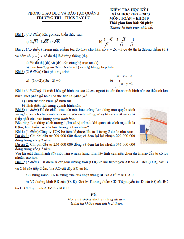 Đề tham khảo học kì 1 (HK1) lớp 9 môn Toán năm 2022 2023 trường TiH THCS Tây Úc TP HCM