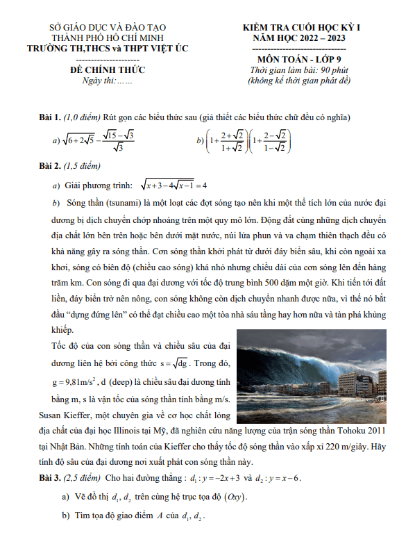 Đề tham khảo học kì 1 (HK1) lớp 9 môn Toán năm 2022 2023 trường Việt Úc TP HCM