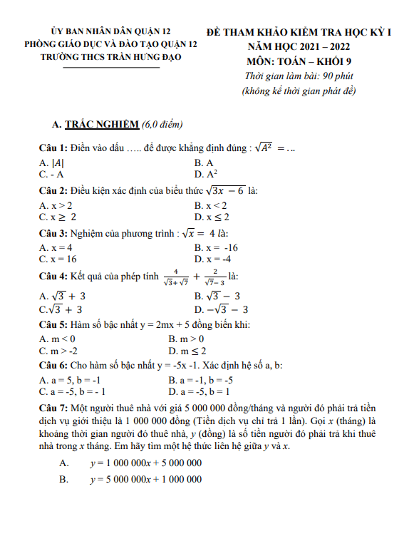 Đề tham khảo thi học kì 1 (HK1) lớp 9 môn Toán năm 2021 2022 trường Trần Hưng Đạo TP HCM