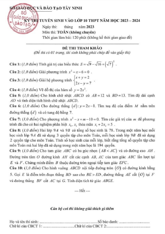 Đề tham khảo tuyển sinh môn Toán năm 2023 2024 sở GD ĐT Tây Ninh