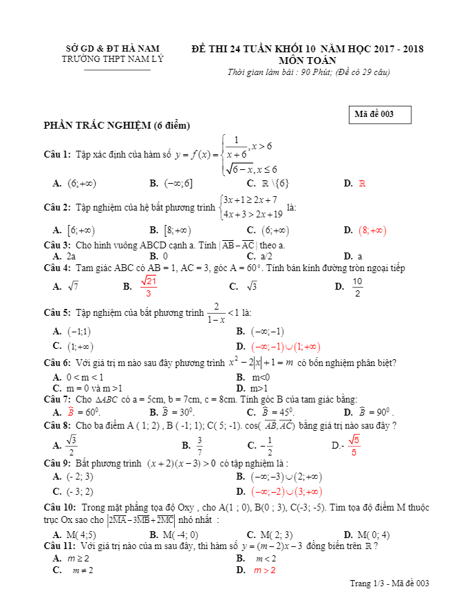 Đề thi 24 tuần lớp 10 môn Toán năm 2017 2018 trường THPT Nam Lý Hà Nam