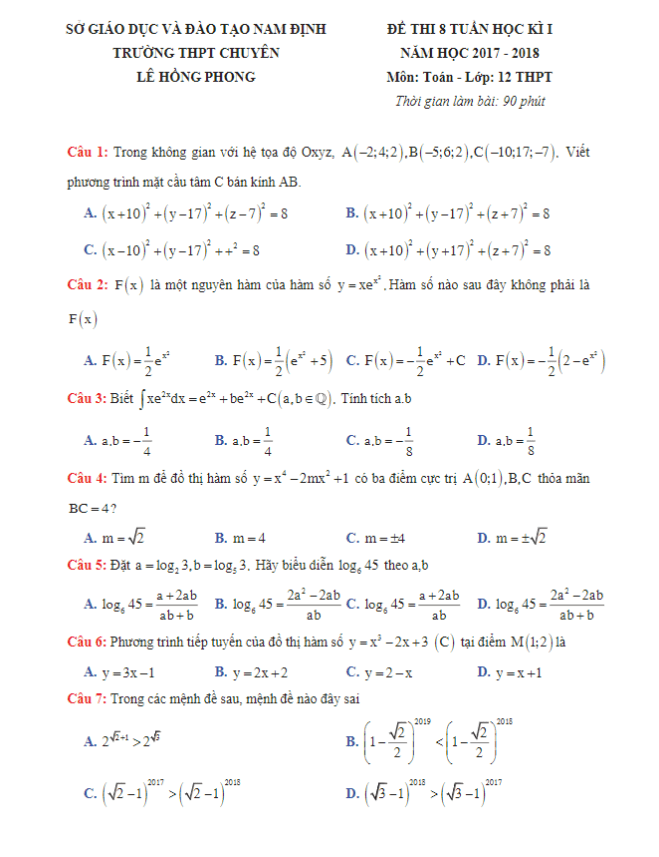 Đề thi 8 tuần học kỳ I năm học 2017 2018 lớp 12 môn Toán trường THPT chuyên Lê Hồng Phong Nam Định