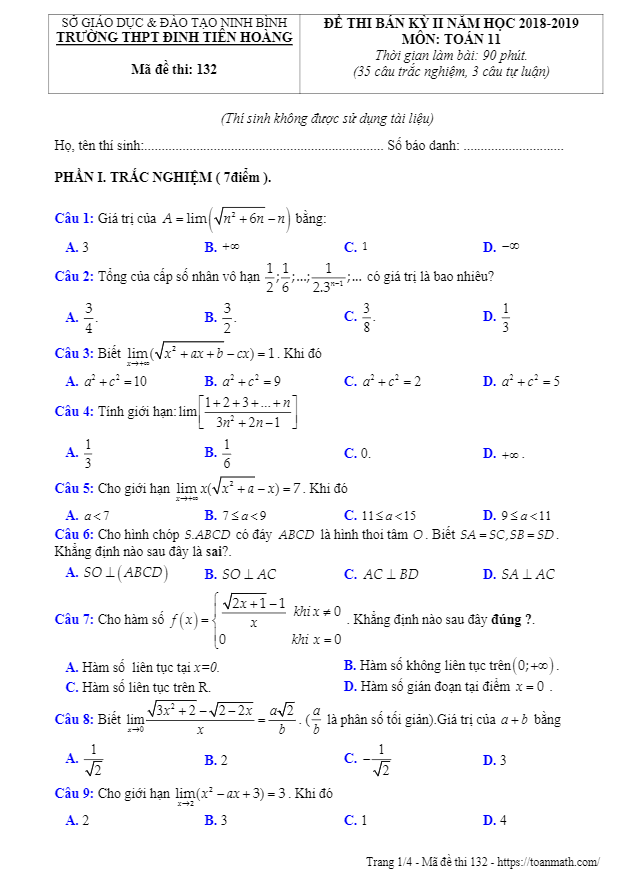 Đề thi bán học kì 2 (HK2) lớp 11 môn Toán năm 2018 2019 trường Đinh Tiên Hoàng Ninh Bình