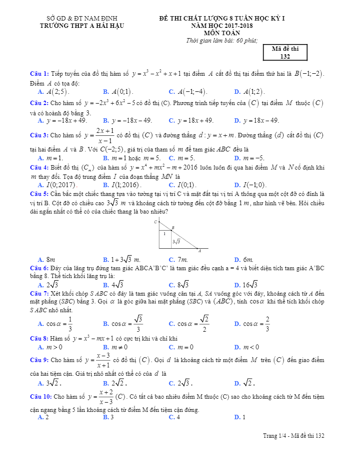 Đề thi chất lượng 8 tuần học kì 1 (HK1) năm học 2017 2018 lớp 12 môn Toán trường THPT A Hải Hậu Nam Định