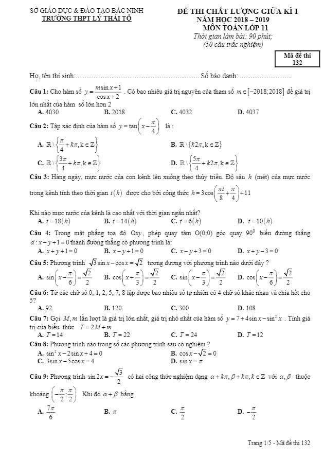 Đề thi chất lượng giữa học kì 1 (HK1) lớp 11 môn Toán năm 2018 2019 trường THPT Lý Thái Tổ Bắc Ninh