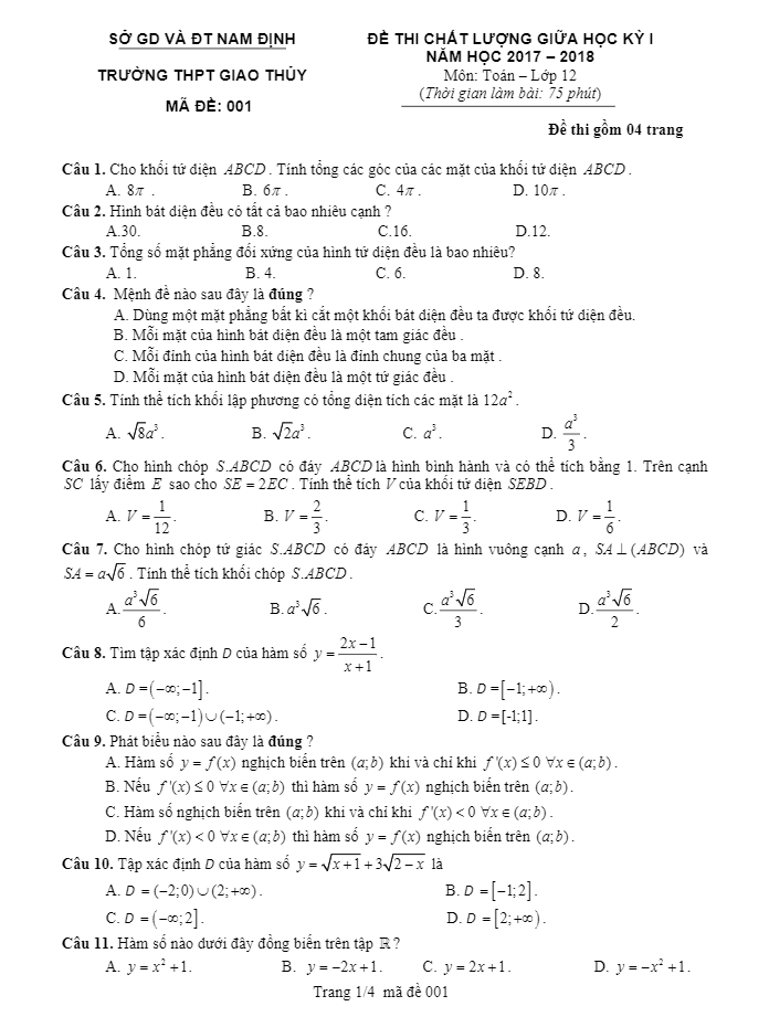 Đề thi chất lượng giữa học kì 1 (HK1) lớp 12 môn Toán năm học 2017 2018 trường THPT Giao Thủy Nam Định