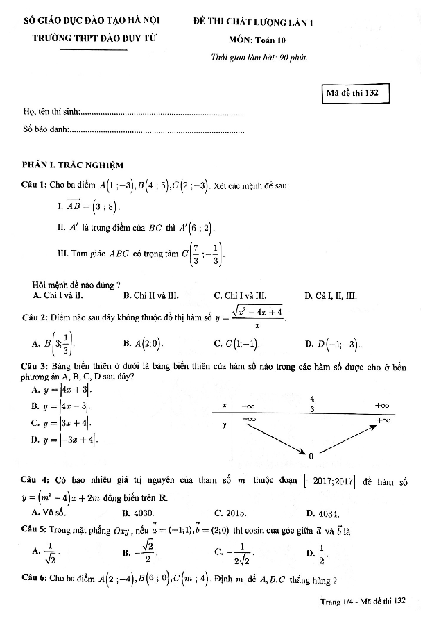 Đề thi chất lượng lần 1 lớp 10 môn Toán trường THPT Đào Duy Từ Hà Nội