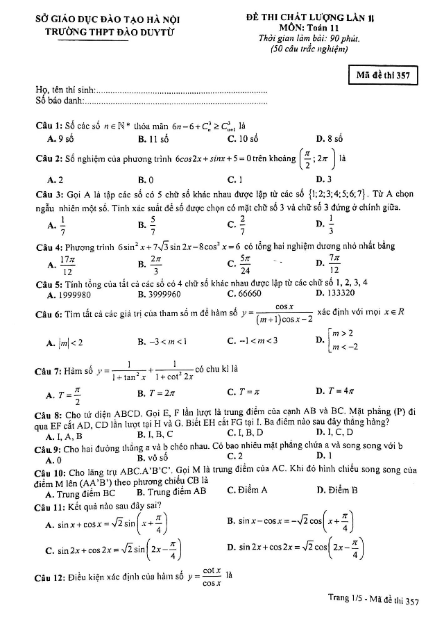 Đề thi chất lượng lớp 11 môn Toán năm 2018 2019 trường Đào Duy Từ Hà Nội lần 2