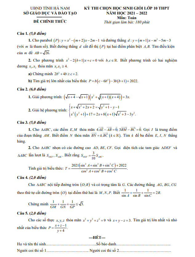 Đề thi chọn học sinh giỏi lớp 10 môn Toán năm 2021 2022 sở GD ĐT Hà Nam