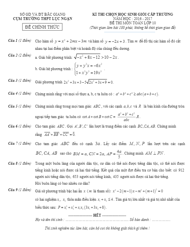 Đề thi chọn học sinh giỏi lớp 10 môn Toán năm học 2016 2017 trường THPT Lục Ngạn Bắc Giang