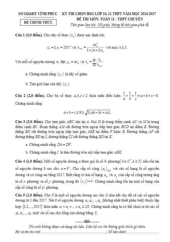 Đề thi chọn học sinh giỏi lớp 11 môn Toán năm học 2016 2017 sở GD và ĐT Vĩnh Phúc