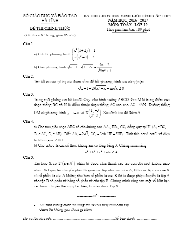 Đề thi chọn học sinh giỏi tỉnh lớp 10 môn Toán năm học 2016 2017 sở GD và ĐT Hà Tĩnh
