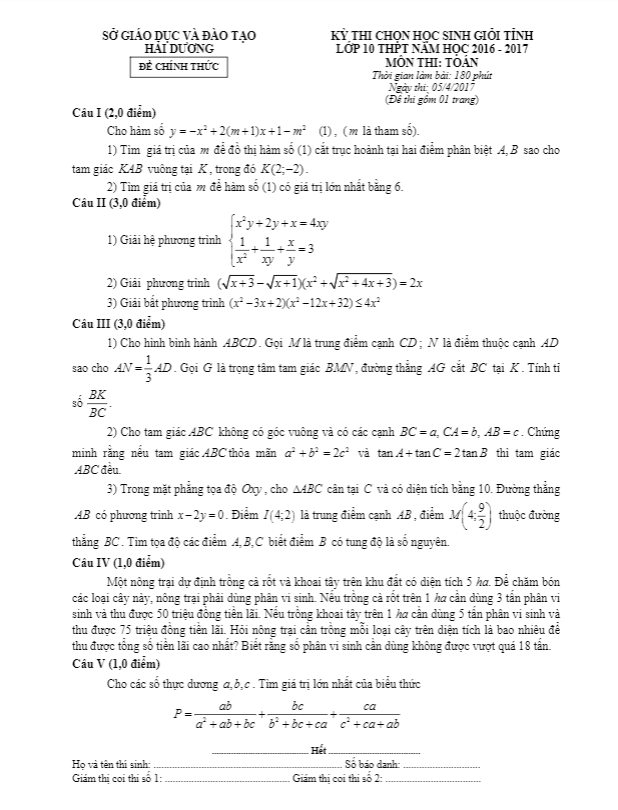 Đề thi chọn học sinh giỏi tỉnh lớp 10 môn Toán năm học 2016 2017 sở GD và ĐT Hải Dương