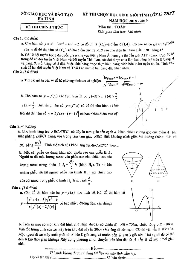 Đề thi chọn học sinh giỏi tỉnh lớp 12 môn Toán năm 2018 2019 sở GD và ĐT Hà Tĩnh