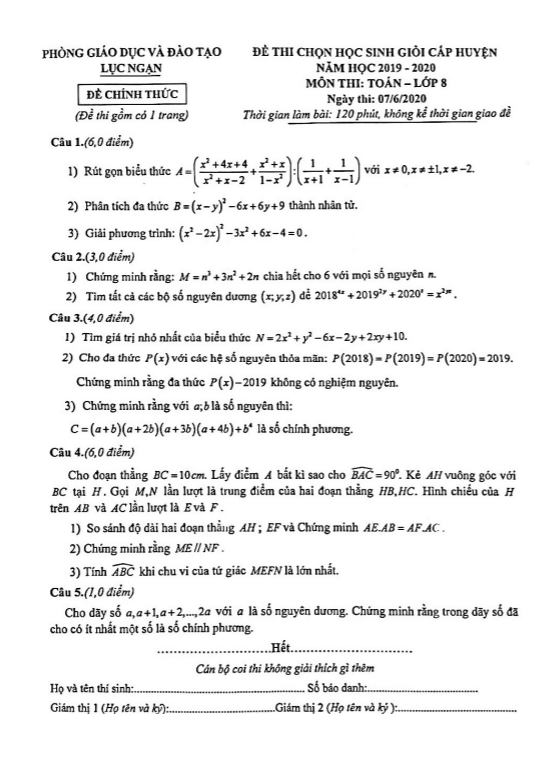 Đề thi chọn HSG cấp huyện lớp 8 môn Toán năm 2019 2020 phòng GD ĐT Lục Ngạn Bắc Giang
