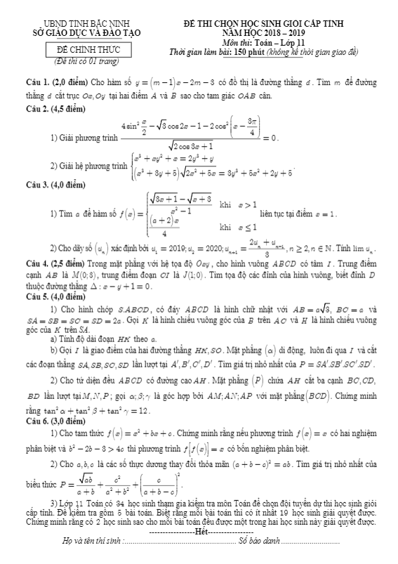 Đề thi chọn HSG cấp tỉnh lớp 11 môn Toán năm 2018 2019 sở GD ĐT Bắc Ninh