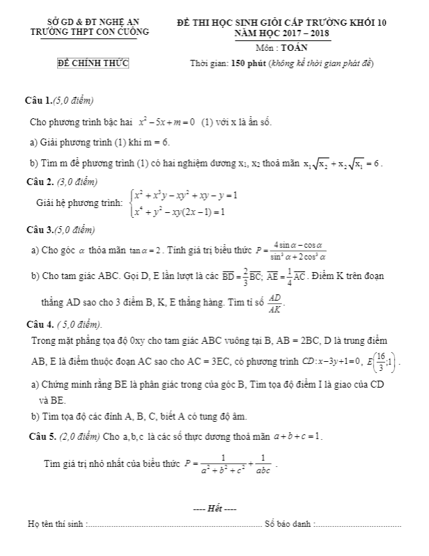 Đề thi chọn HSG cấp trường lớp 10 môn Toán năm 2017 2018 trường THPT Con Cuông Nghệ An