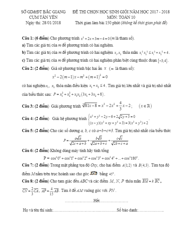 Đề thi chọn HSG lớp 10 môn Toán năm học 2017 2018 cụm Tân Yên Bắc Giang