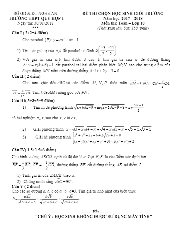 Đề thi chọn HSG lớp 10 môn Toán năm học 2017 2018 trường THPT Quỳ Hợp 1 Nghệ An